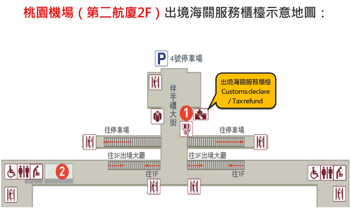 桃園機場（第2航廈2F）出境海關服務櫃台示意地圖
