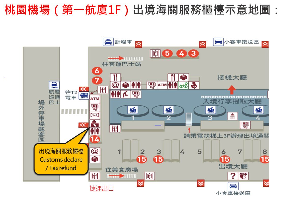 桃園機場（第1航廈1F）出境海關服務櫃台示意地圖