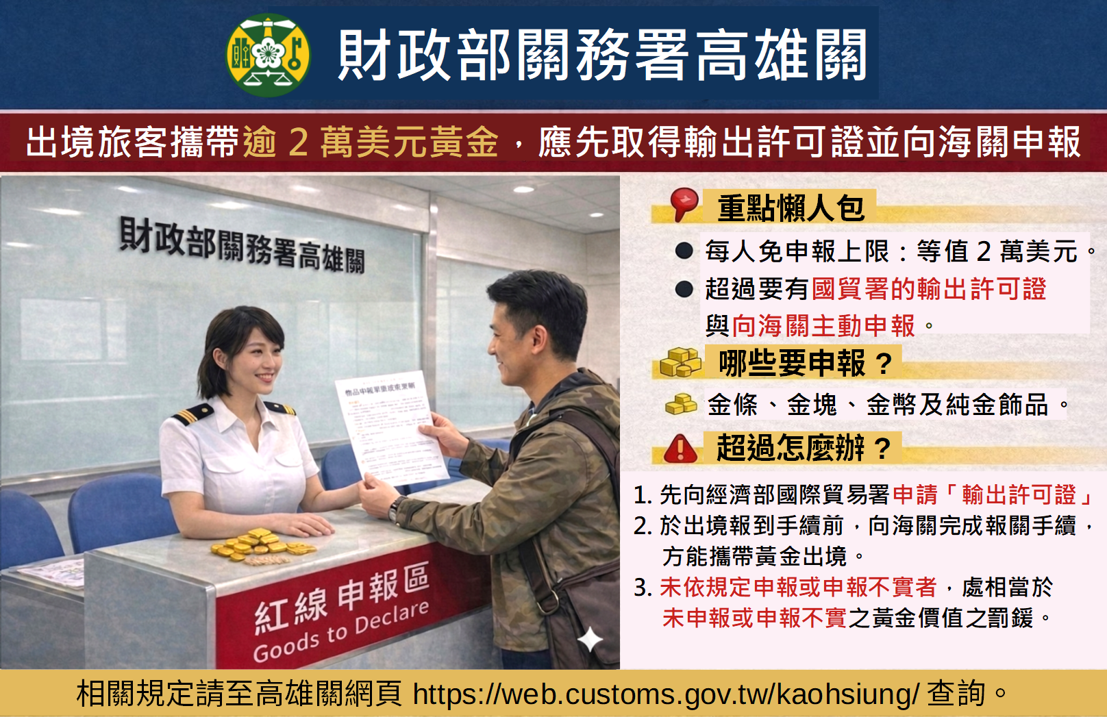 出境旅客攜帶逾2萬美元黃金請申報