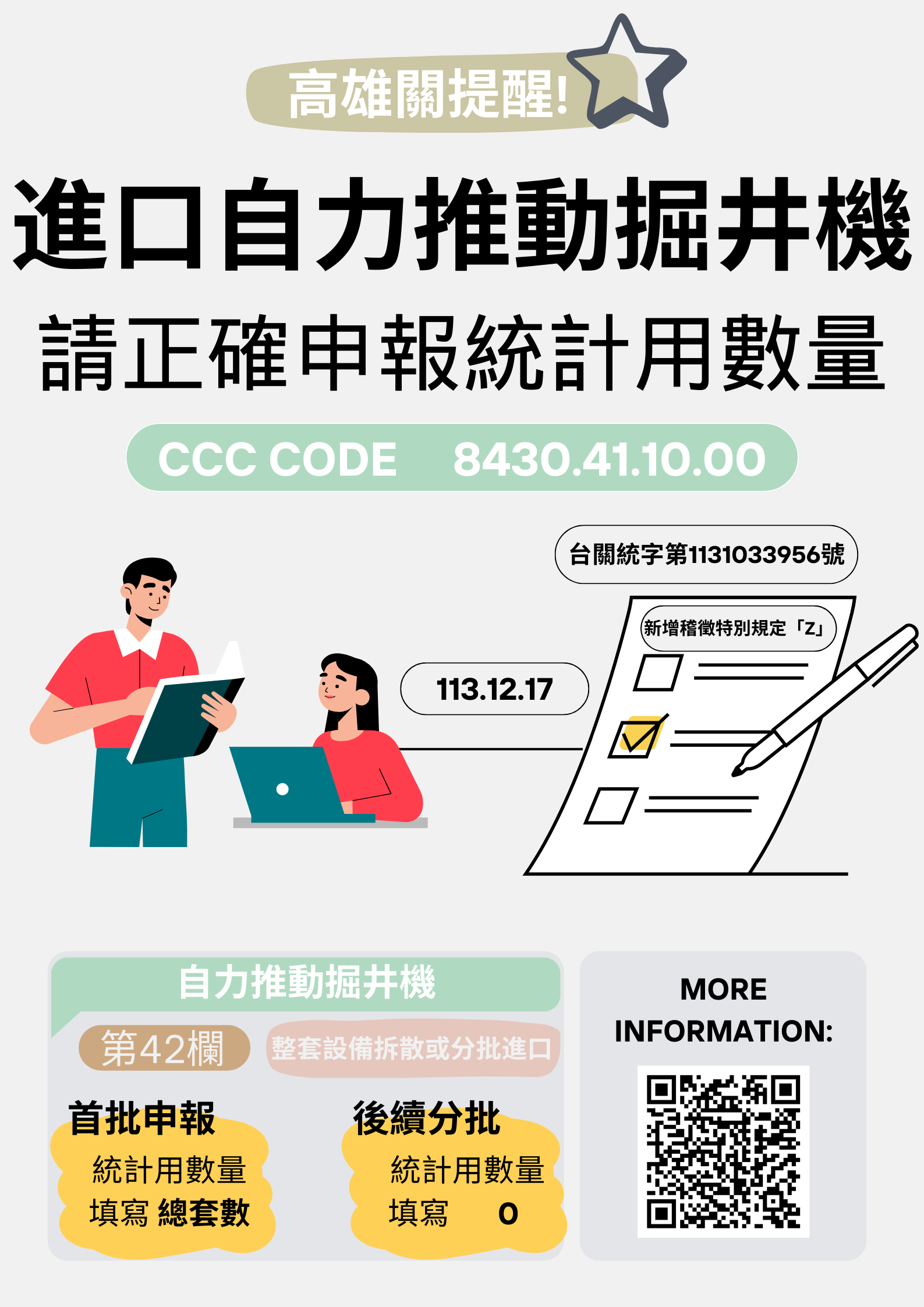進口自力推動掘井機，請正確申報統計用數量