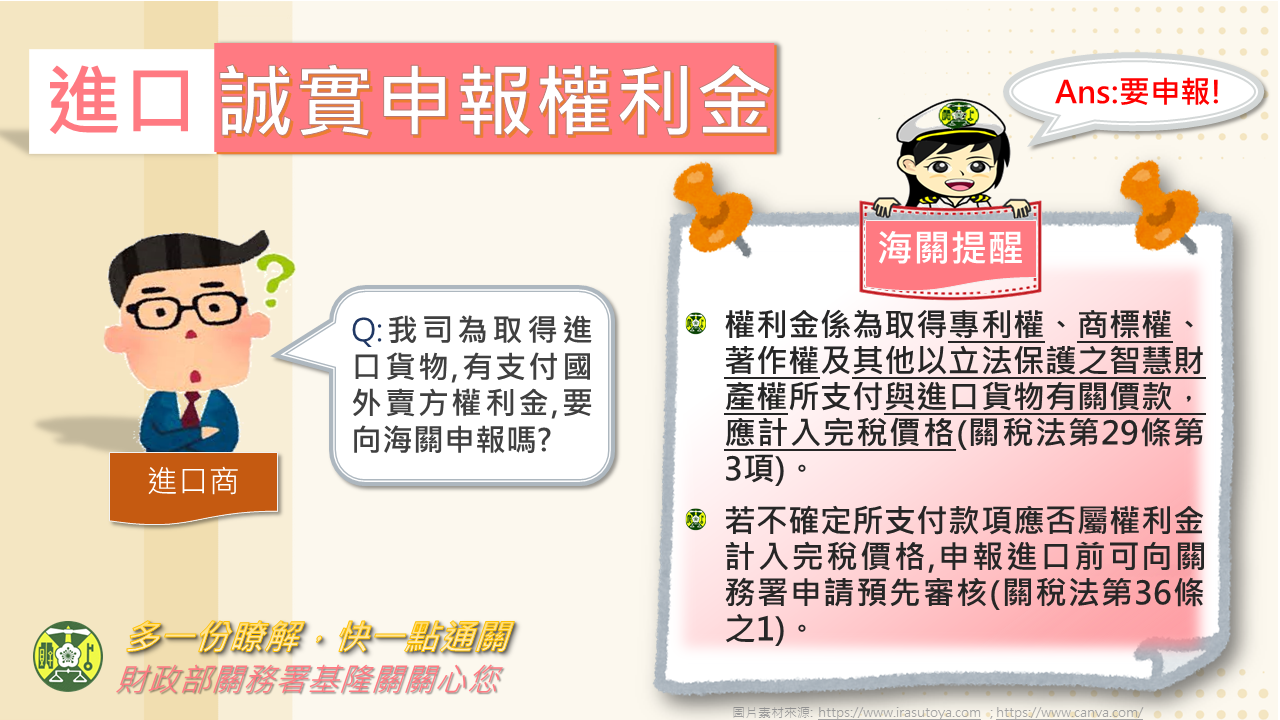 籲請進口人誠實申報進口貨物權利金 避免事後補稅 徒增困擾