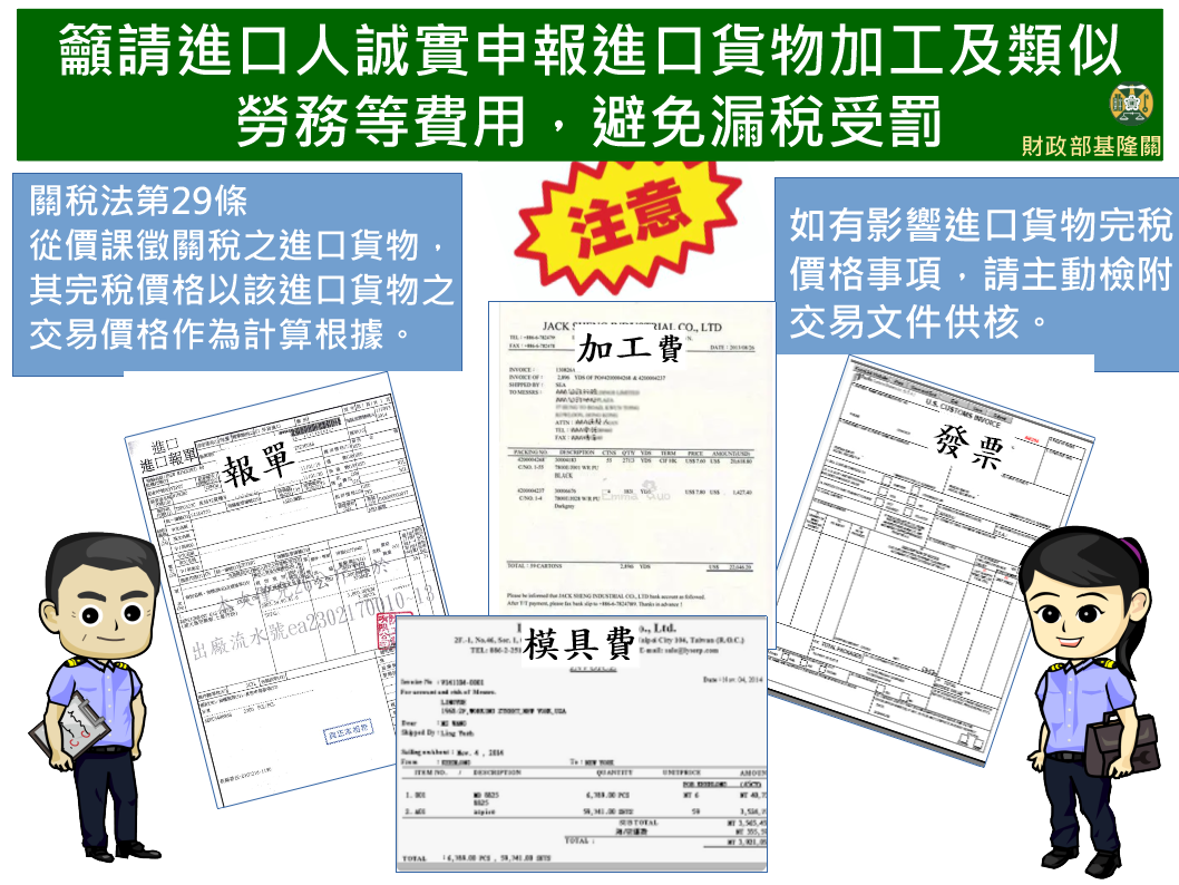 籲請進口人誠實申報進口貨物加工及類似勞務等費用，避免漏稅受罰