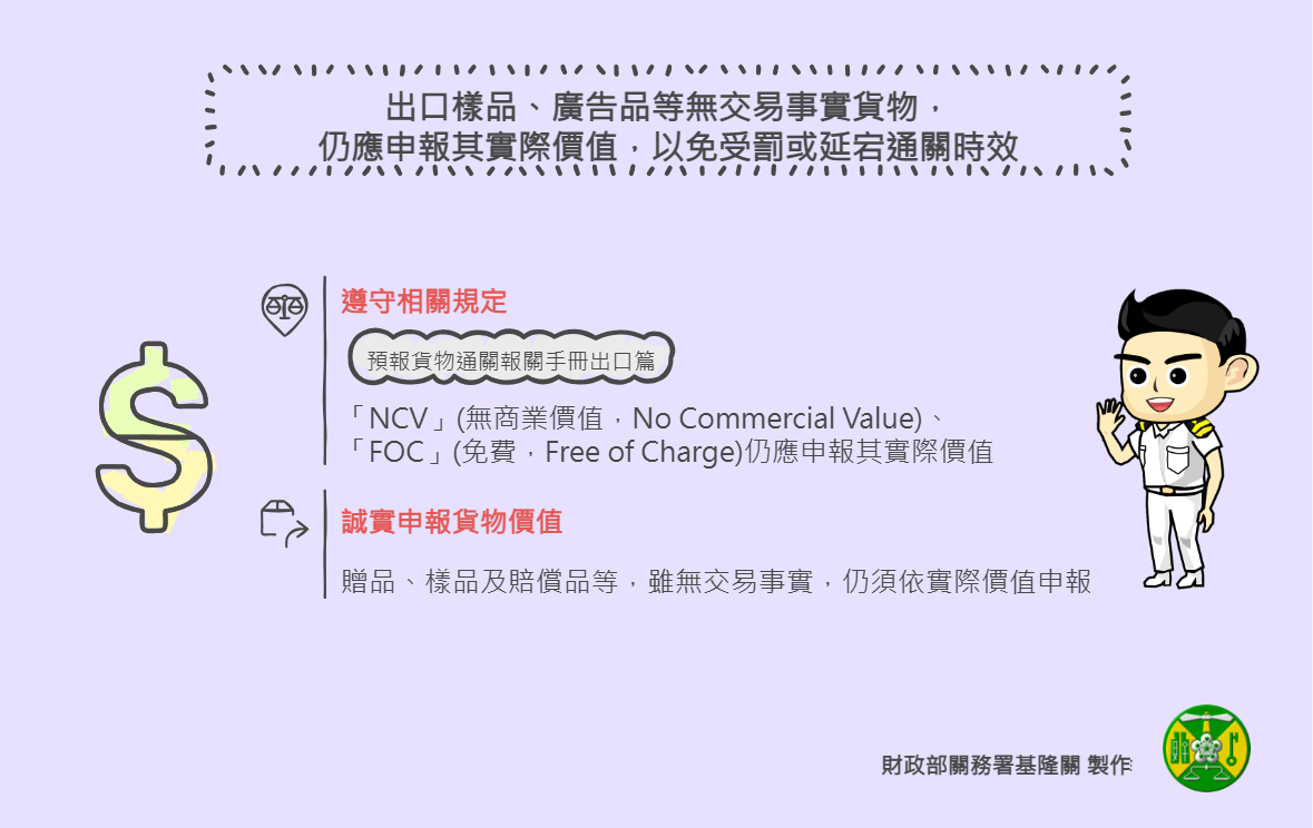 出口樣品、廣告品等無交易事實貨物，仍應申報其實際價值，以免受罰或延宕通關時效